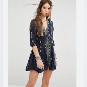 $128 Free People Stargazer Mini Dress Black Blue Embroidered Boho